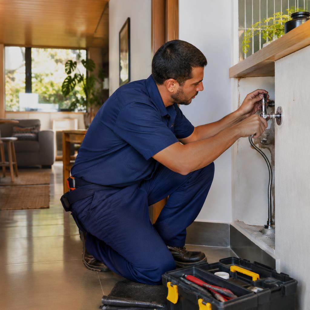 Técnico realizando reparo hidráulico em residência